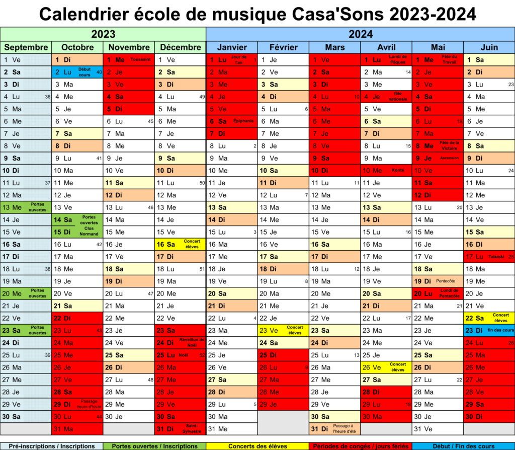 Calendrier saison 2023 - 2024 de l'école de musique Casa'Sons Dakar